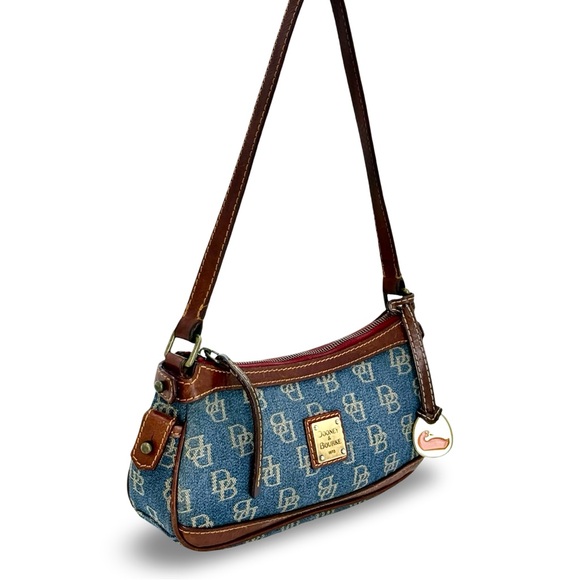 Dooney & Bourke Handbags - Dooney & Bourke Denim Monogram Mini Shoulder Bag Top Zip Blue Brown Leather Y2K